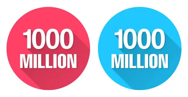 Vector illustration of 1000 Million. Round icon with long shadow on red or blue background