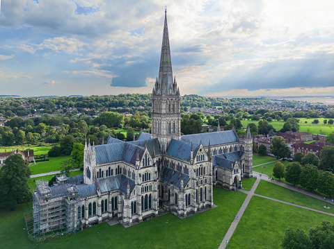 Stunning aerial view of the spectacular historical Salisbury Cathedral with the tallest spire, Salisbury, England, UK.