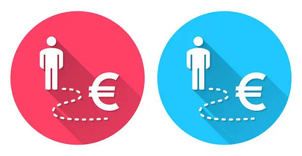 Vector illustration of Person on Euro way. Round icon with long shadow on red or blue background