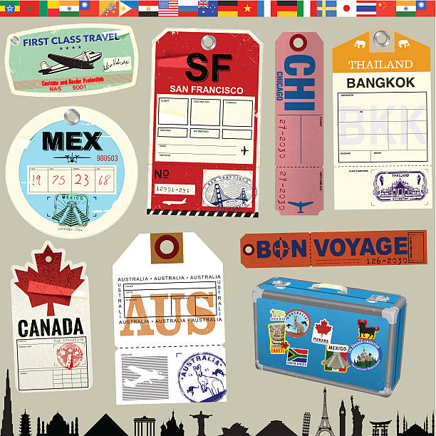 illustrations, cliparts, dessins animés et icônes de avion rétro étiquettes de voyage - suitcase travel luggage label