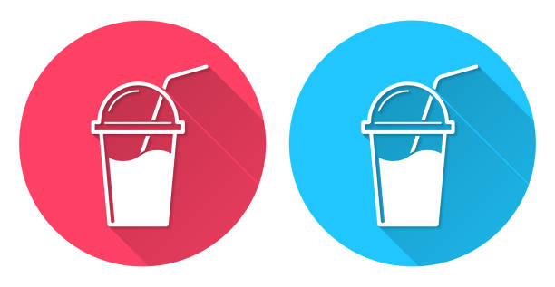 Cup with straw. Round icon with long shadow on red or blue background Icons of "Cup with straw" with long shadow style on colored circle buttons. Two icon versions included in the bundle: - One white icon on a pink / red circle button. - One white icon on a blue circle button. Vector Illustration (EPS file, well layered and grouped). Easy to edit, manipulate, resize or colorize. Vector and Jpeg file of different sizes. blue cup stock illustrations