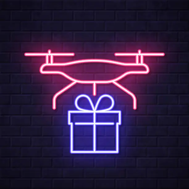 Vector illustration of Delivery drone with gift. Glowing neon icon on brick wall background