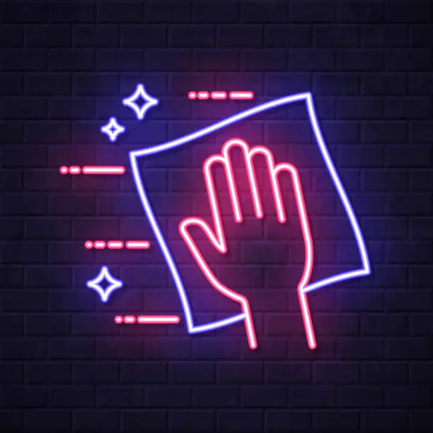 Vector illustration of Clean and sanitize with wipes. Glowing neon icon on brick wall background