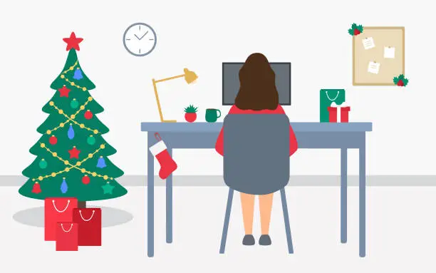 Vector illustration of Home Office Interior With Christmas Tree, Gift Box And Shopping Bags. Young Woman Working At Home On Computer. New Year Celebration