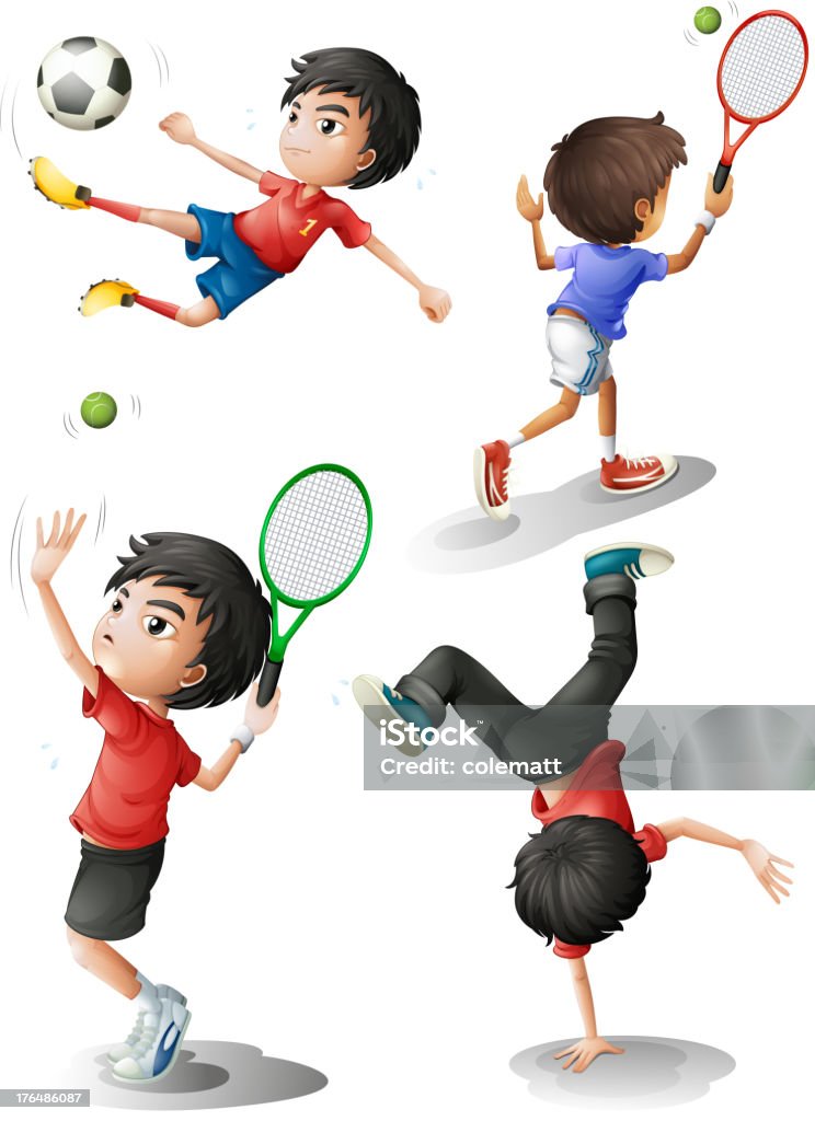 Cuatro niños jugando diferentes deportes - arte vectorial de Acontecimiento libre de derechos