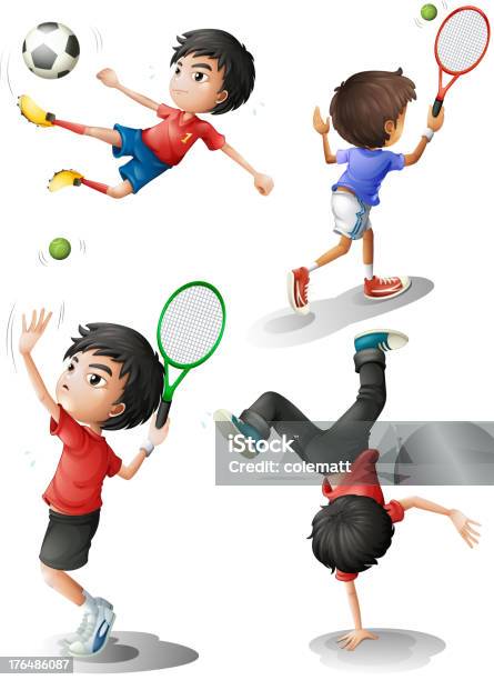 Ilustración de Cuatro Niños Jugando Diferentes Deportes y más Vectores Libres de Derechos de Acontecimiento - Acontecimiento, Actividad, Adulto