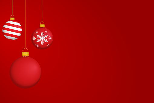 Three Christmas decorated baubles hang from the top of the picture. Artwork is aligned to the left. Space for Text, Website Banner, Christmas Backdrop, Christmas playful illustration design, Colorful and modern illustration for Xmas. Illustration for kids. Artwork with copy text space. Space for additional text. Christmas ball red and white striped. Christmas ball with snowflake pattern. Unpainted Christmas ball (blank) with space for your own message or logo. Blank space for own Logo. Customizable graphic. Individual message. Xmas Ball, Xmas Background, Christmas card for companies. Company Christmas Card, E-Mail Newsletter Banner Xmas, Email Campaign Christmas, Marketing, New Year Christmas Greetings, Christmas Images, Xmas Card, Happy Christmas, Merry Christmas Card, New Year Christmas Wishes, China Christmas, Asian Christmas, Christmas Japan. No text. Merry Christmas. Frohe Weihnachten, Feliz Navidad, Joyeux Noël, 圣诞快乐, Natale, Happy Holidays, Multilingual