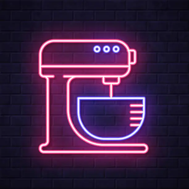 Vector illustration of Stand mixer. Glowing neon icon on brick wall background