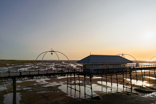 Southport, Merseyside, UK, August 24, 2023; Aerial view of Southport Pier with Stunning Sunset, Southport Merseyside