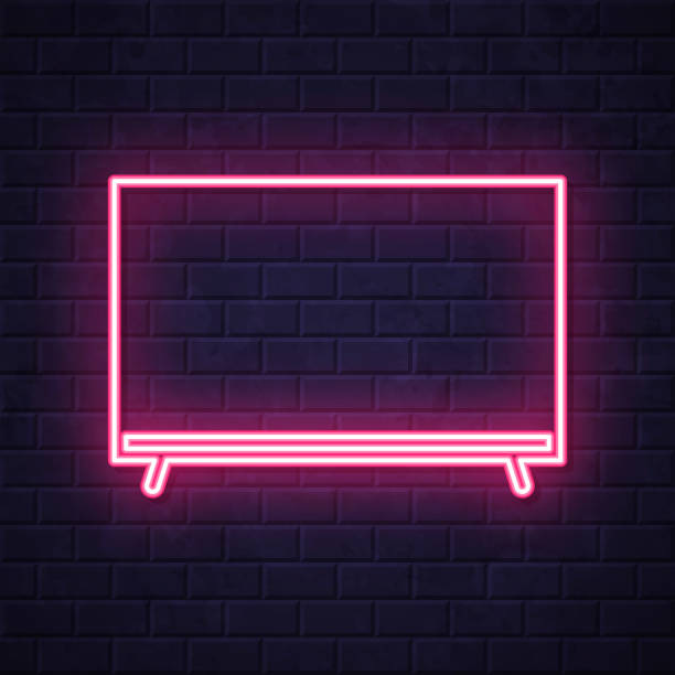 TV. Glowing neon icon on brick wall background Icon of "TV" in a realistic neon sign style. The icon is created with a pink glowing neon light on a dark brick wall. Modern and trendy illustration with beautiful bright colors. Vector Illustration (EPS file, well layered and grouped). Easy to edit, manipulate, resize or colorize. Vector and Jpeg file of different sizes. smart tv on wall stock illustrations