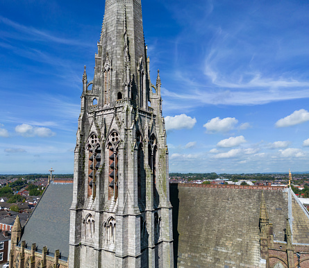Preston, Lancashire, UK, September 03, 2023; Aerial Panoramic View of the 94m High Spire of the Shrine Church of St. Walburge's, Preston, England, UK