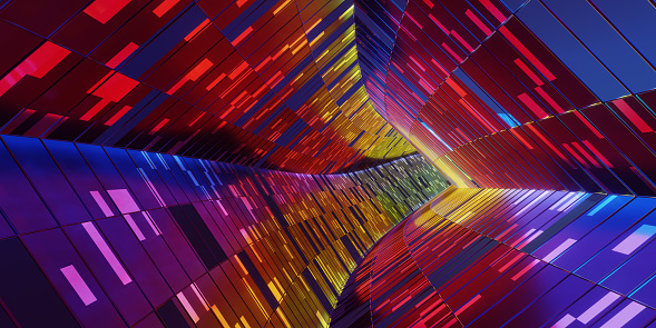 3D render of futuristic infinity tunnel made of many glass square shaped pieces and illuminated by multicolored neon lights