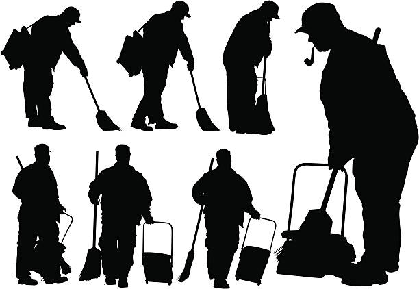 Cleanup men Vector drawing of janitors in uniform with tools custodian silhouette stock illustrations