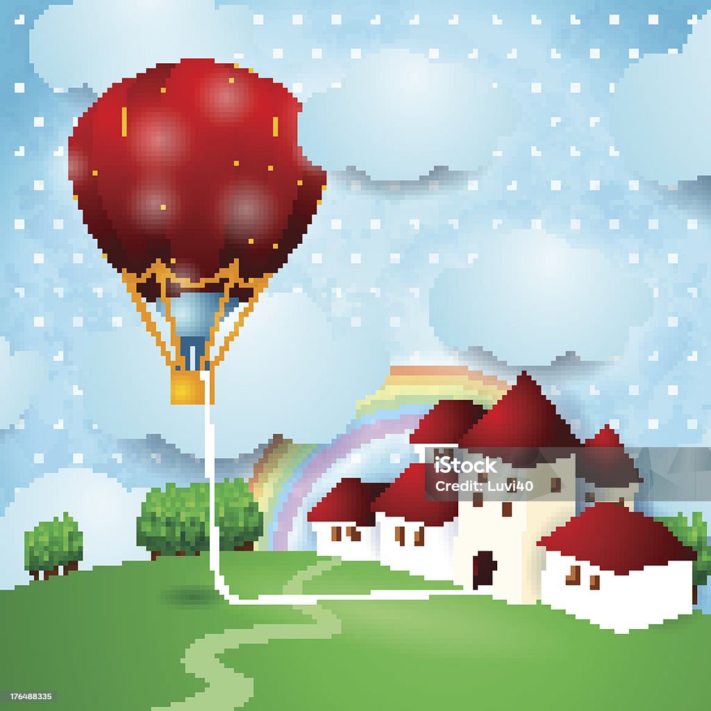 ballon de ar quente de fantasia paisagem - Vetor de Aldeia royalty-free