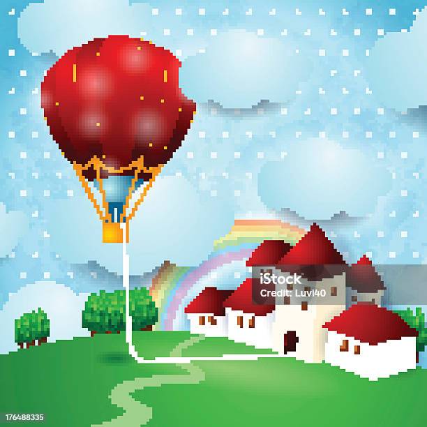 Vetores de Ballon De Ar Quente De Fantasia Paisagem e mais imagens de Aldeia - Aldeia, Arco-íris, Arte