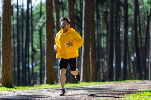 Asian trail runner is running outdoor in the pine forest dirt road for exercise and workout activities training to race in the ultra marathon to achieve healthy lifestyle and fitness
