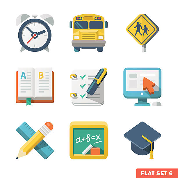 School and education-themed flat icons on a grid vector art illustration