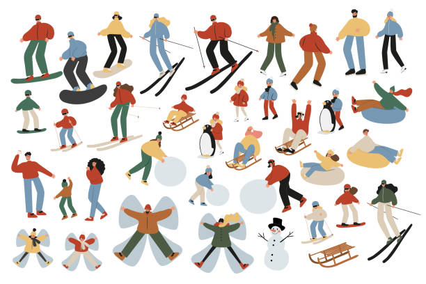 Set of winter season activities illustrations, people skiing, snowboarding, ice skating, sledding, tubing, playing snowballs, building snowman, making snow angel vector clipart, flat style images. Set of winter season activities illustrations, people skiing, snowboarding, ice skating, sledding, tubing, playing snowballs, building snowman, making snow angel vector clipart, flat style images. making snow angels stock illustrations