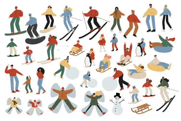 Vector illustration of Set of winter season activities illustrations, people skiing, snowboarding, ice skating, sledding, tubing, playing snowballs, building snowman, making snow angel vector clipart, flat style images.