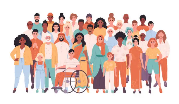 Vector illustration of Crowd of people of different races, nationalities, age, people with disability. Multicultural society. Social diversity of people in modern society. Hand drawn vector illustration