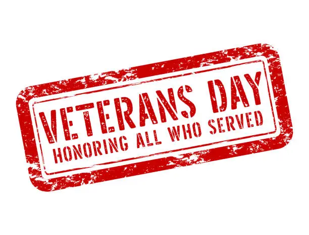 Vector illustration of Veterans Day red stamp, Honoring all who served. Vector