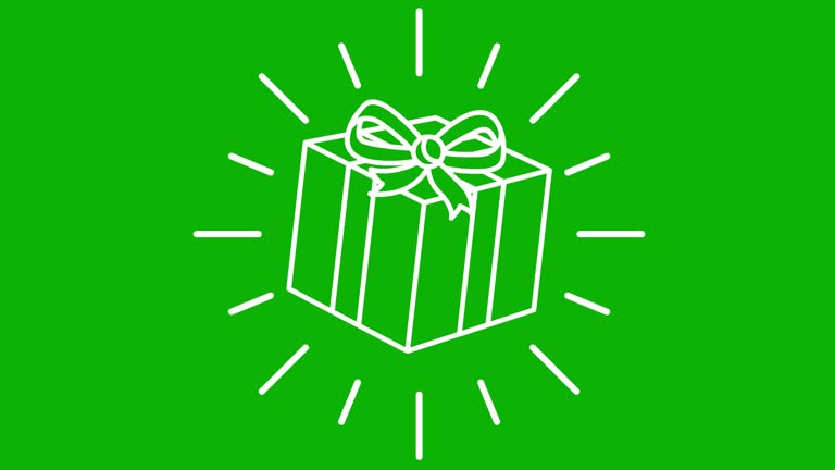 Animated icon of white gift with rays around. Symbol of present. Linear vector illustration isolated on the green background.