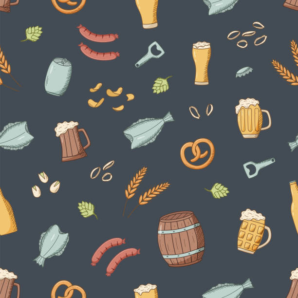 seamless pattern beer 낙서 아이콘입니다. 펍 요소 맥주와 스낵의 벡터 그림입니다. 배경 벽지 옥토버 페스트 또는 바. - pistachio beer nuts nut backgrounds stock illustrations