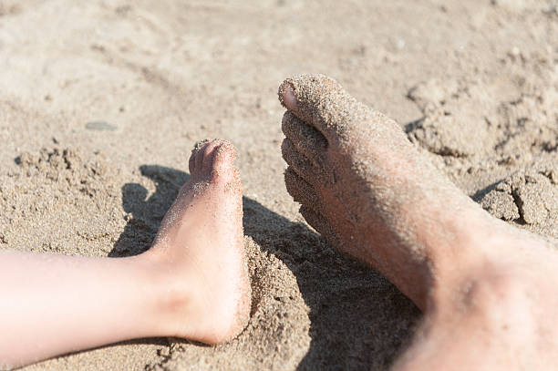 istock child's and man's foot on the beach 176494753