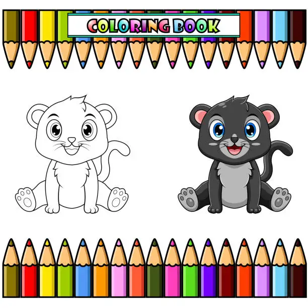 Vector illustration of Cute baby black panther cartoon sitting for coloring