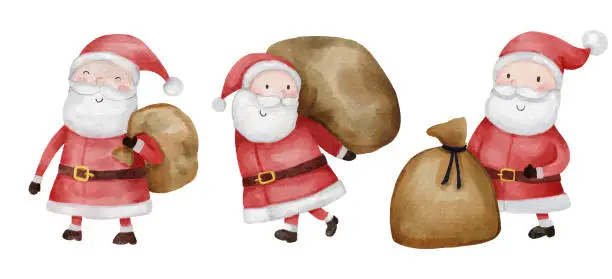 Vector illustration of Santa claus . Christmas theme . Watercolor paint cartoon characters . Isolated . Set 5 of 15 . Vector .