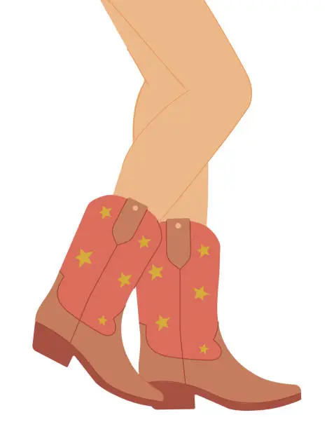 Vector illustration of Girl in cowboy boots. Cow girl. Retro boots in Western style. Vector illustration.