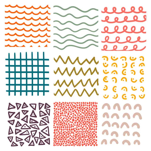 Vector illustration of Set of graphic abstract textures, hand drawn doodles, waves, zigzags, stripes. Vector illustration