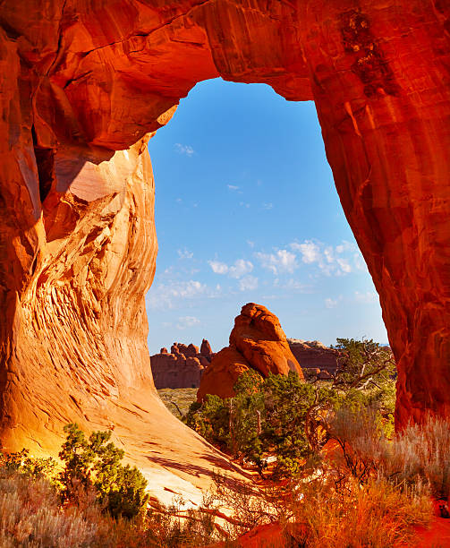 Pine Tree Arch Devils Garden Arches National Park Moab Utah USA Southwest. Lichens on red canyon walls create many abstracts close up.