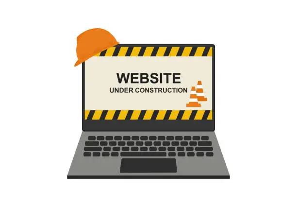 Vector illustration of Website Under Construction Page On Laptop Screen With Traffic Cones And Hard Hat