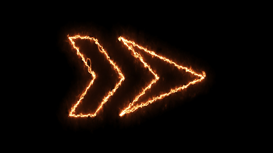Glowing neon cursor arrow on dark background. Neon orange arrow icon, arrows on black background.