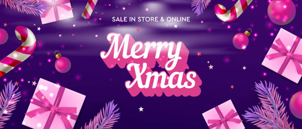 Merry Xmas sale web banner, fashion pink and purple theme. Christmas horizontal banner, poster, vector illustration vector art illustration