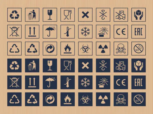 Vector illustration of Cargo symbols set. Packaging realistic icons.