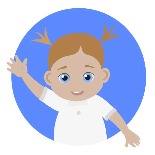 Vector illustration of Baby girl avatar. Fair hair, blue eyes Girl is looking from the window, circle.