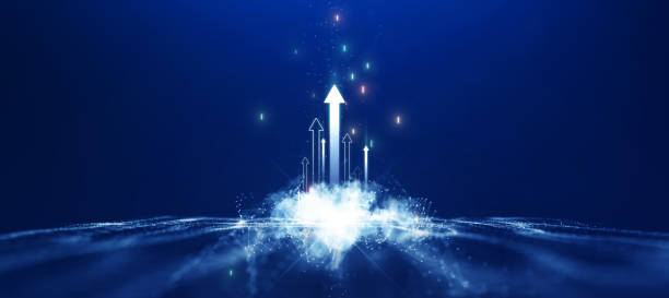 istock Arrow startup Cloud or smoke connection polygons on dark blue background. Technology concept economic growth business investment finance banking. 1765009290