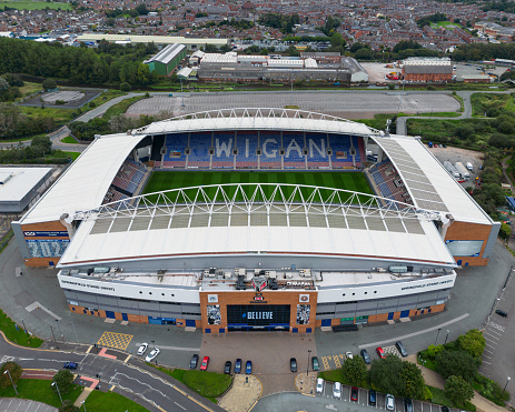 Wigan, Greater Manchester, UK, August 31, 2023; aerial view of the DW Stadium, home to Wigan Athletic football and Wigan Warriors rugby, Wigan, Manchester, England.