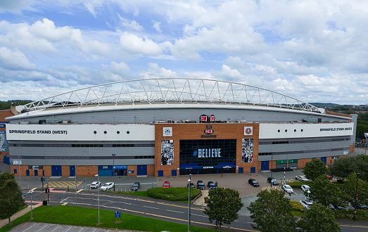 Wigan, Greater Manchester, UK, August 31, 2023; aerial view of the DW Stadium, home to Wigan Athletic football and Wigan Warriors rugby, Wigan, Manchester, England.