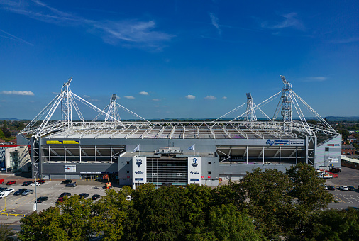 Preston, Lancashire, UK, September 04, 2023; aerial view of the Deepdale Stadium, home to Preston North End PNE football club, Preston, Lancashire, England.