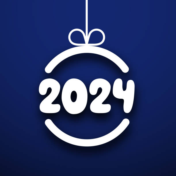 ilustrações de stock, clip art, desenhos animados e ícones de new year 2024 background with white paper numbers in round christmas ball with shadows on blue background. - abstract backgrounds bow greeting card