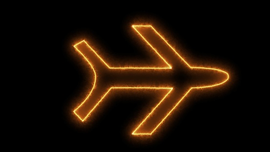 Airplane neon sign. 3d rendering - illustration. orange neon light icon isolated on black background. Bright colors, laser show. One of the brightest symbols is the black background.