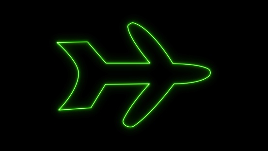 Airplane neon sign. green neon light icon isolated on black background.3d rendering - illustration. Bright colors, laser show. One of the brightest symbols is the black background.