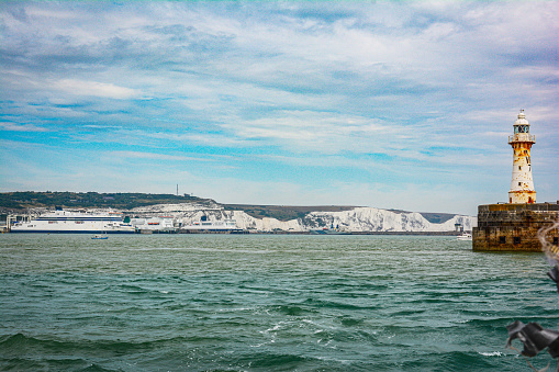 White Cliffs and the harbor of Dover view from the sea, Dover, Kent, England, UK
