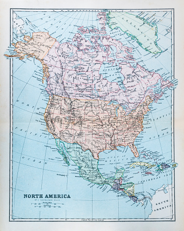 Historic Map of North America, Canada, USA, Mexico, Cuba from out-of-copyright 1898 book 