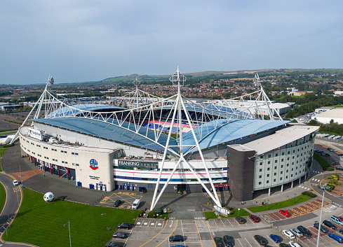 Bolton, Lancashire, UK, September 07, 2023; aerial view of the Toughsheet, University of Bolton, Macron, Stadium, home to Bolton Wanderers football club, Bolton, Lancashire, England.