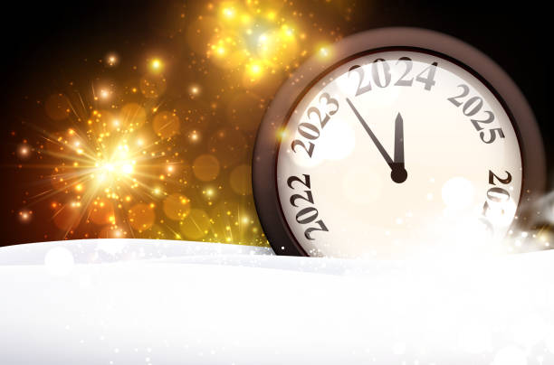 ilustrações de stock, clip art, desenhos animados e ícones de new year 2024 countdown clock with golden blurred lights and fireworks. - abstract backgrounds bow greeting card