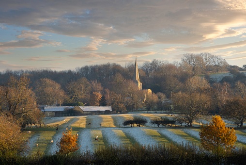 Cotswold church in winter, Saintbury, Cotswolds, England